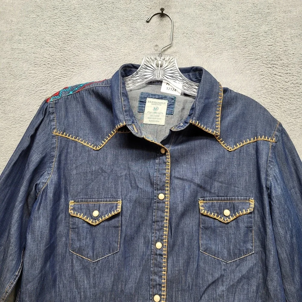 Panhandle‎ Rough Stock Women Button Up Shirt M Blue Denim Pearl Western Yoke